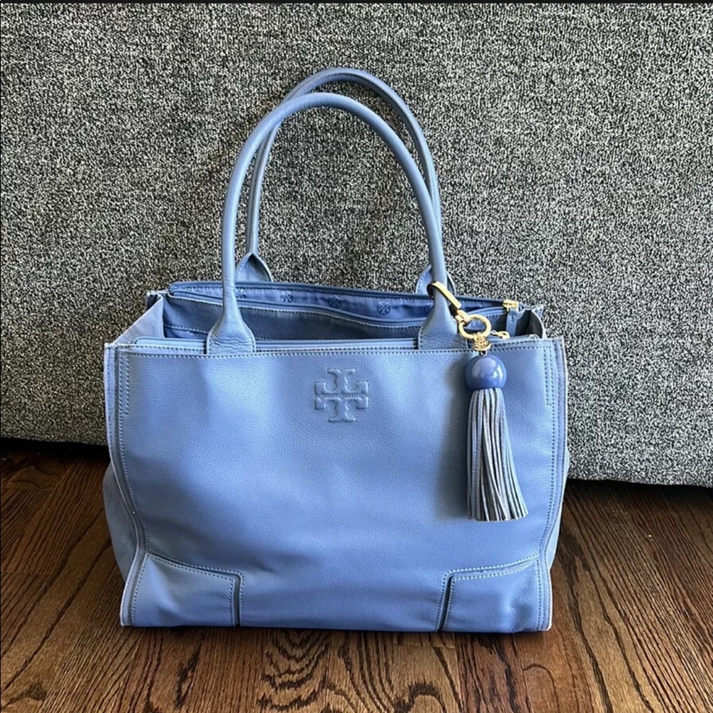 TORY BURCH Thea Blue Leather Tote Bag Everyday Purse Large Over Sized